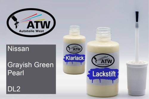 Nissan, Grayish Green Pearl, DL2: 20ml Lackstift + 20ml Klarlack - Set, von ATW Autoteile West.